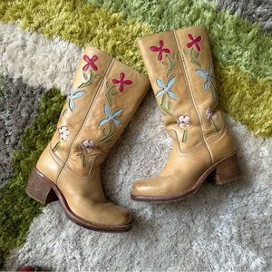 Floral Embroidered Campus Style Tan Leather Boots